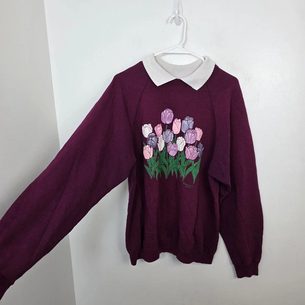 Morning Sun Whitton Purple Tulips Flowers Grandmacore Collared Sweater Size 2XL - Picture 2 of 5